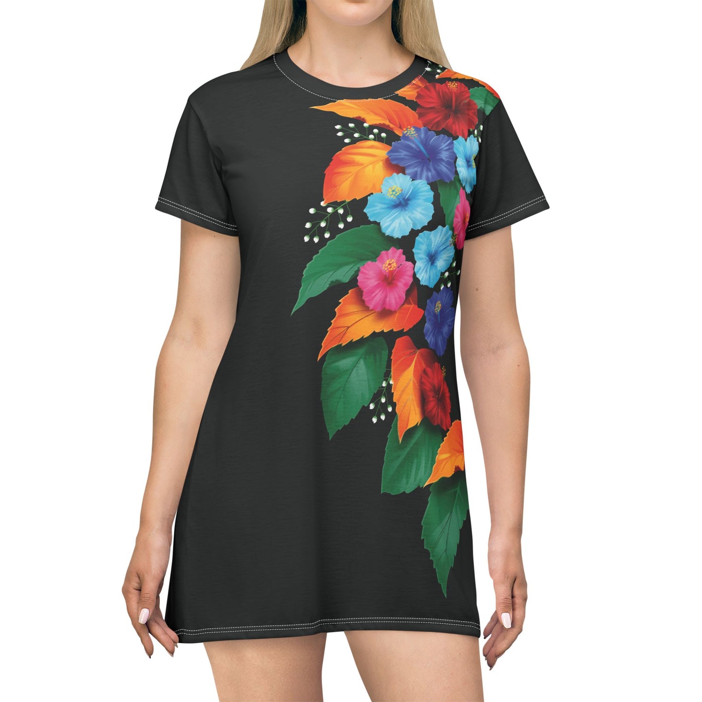 T-Shirt Dress Black Casual Dress with floral design print