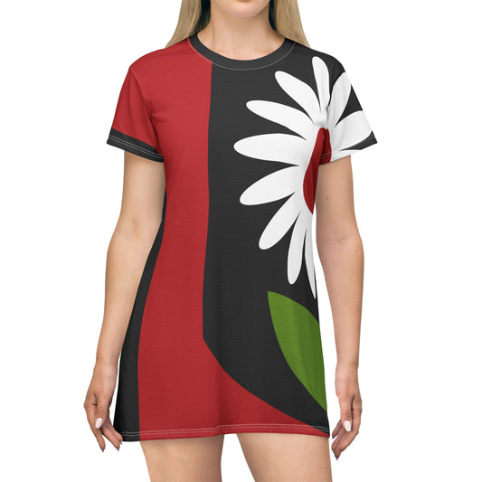 Bold Red and White Floral Graphic Print Black T-Shirt Dress