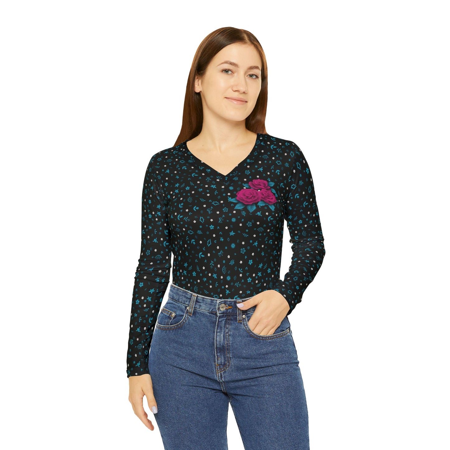 Long Sleeve V-neck Shirt Black with floral pattern and roses