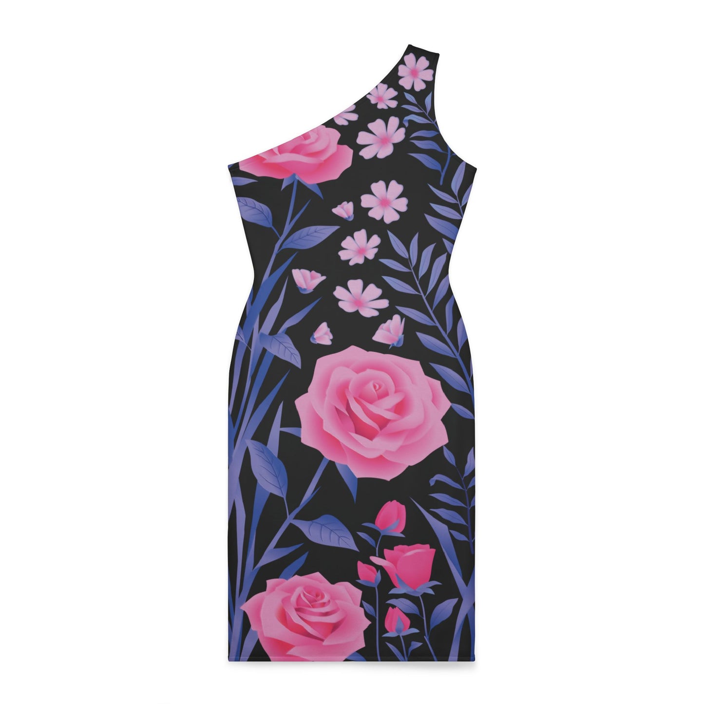 One-Shoulder Dress Black with pink roses print