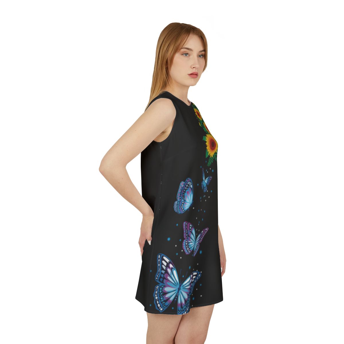 A-line Sleeveless Dress Black with Daisy Floral and butterfly print