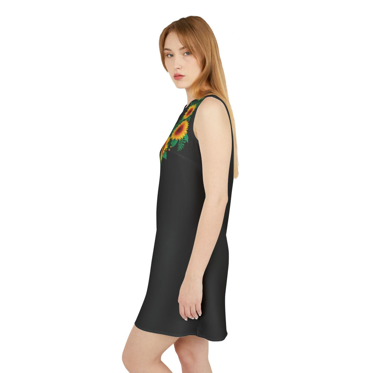 A-line Sleeveless Dress Black with Daisy Floral and butterfly print