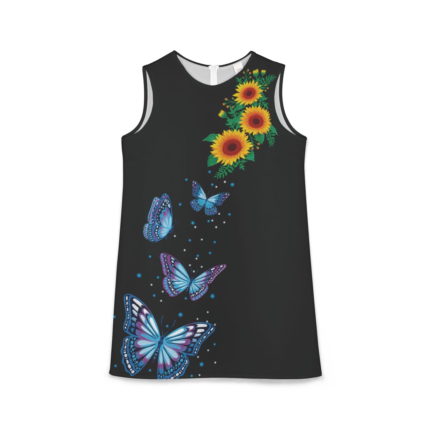 A-line Sleeveless Dress Black with Daisy Floral and butterfly print