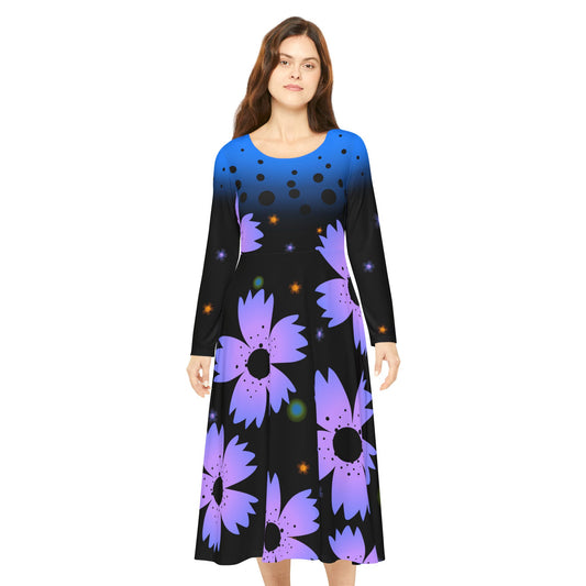 Black and Blue Long Sleeve Dance Dress with Floral Purple print