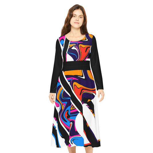 Vibrant Colorful Swirl print Long Sleeve Dance Dress