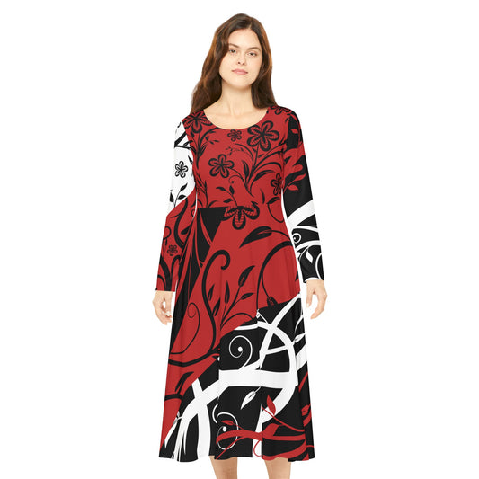 Elegant Gothic Black Floral print Long Sleeve Dance Dress