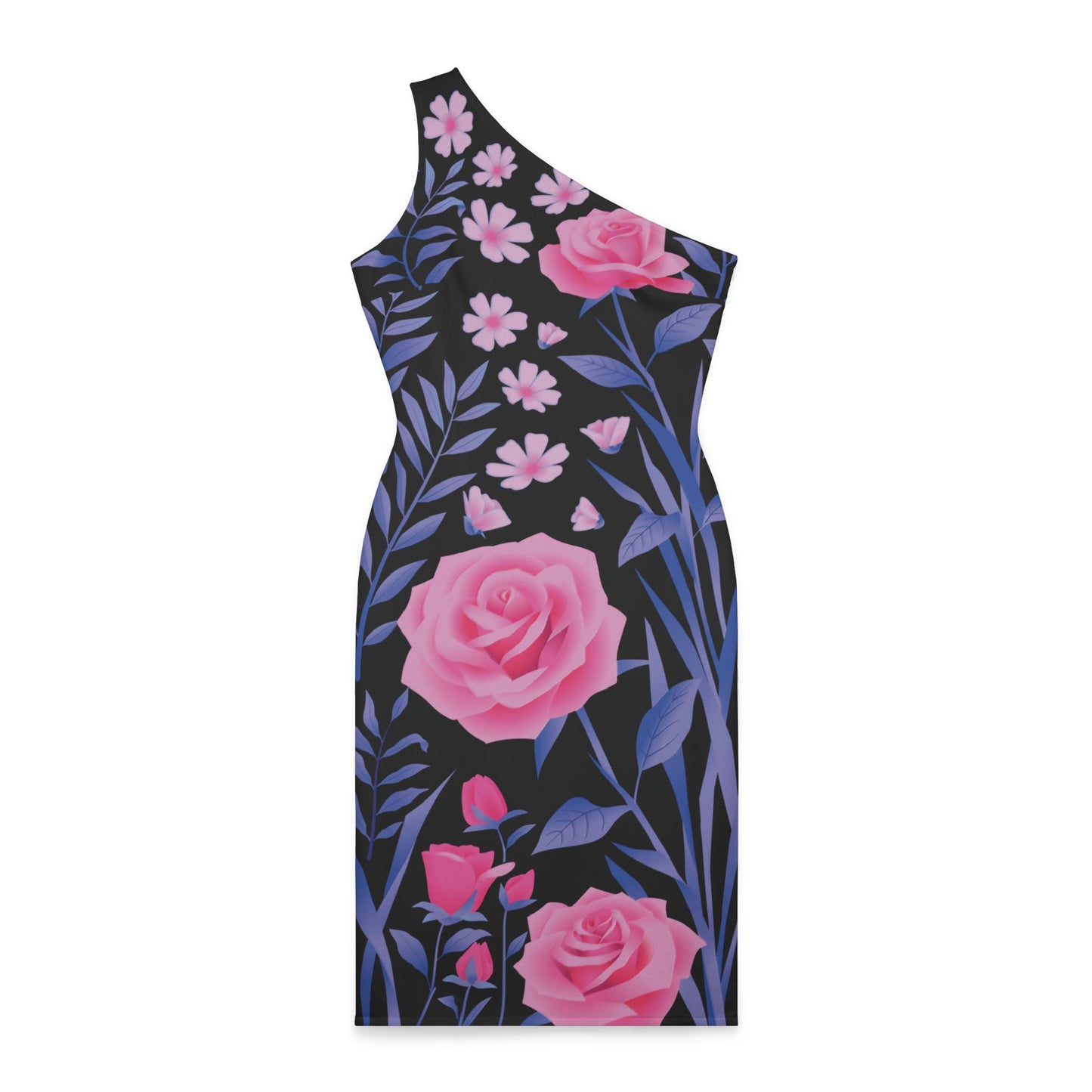 One-Shoulder Dress Black with pink roses print