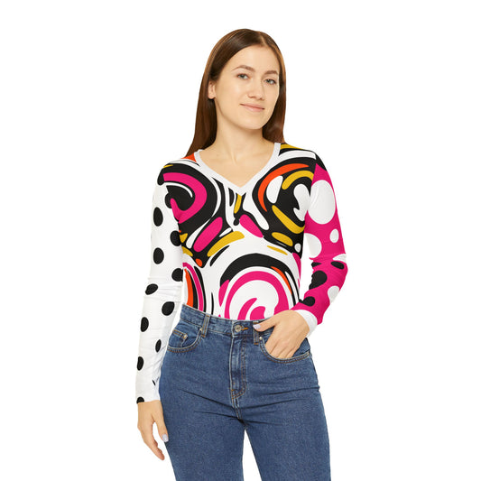 Vibrant Colorful Swirl print Long Sleeve V-Neck Shirt