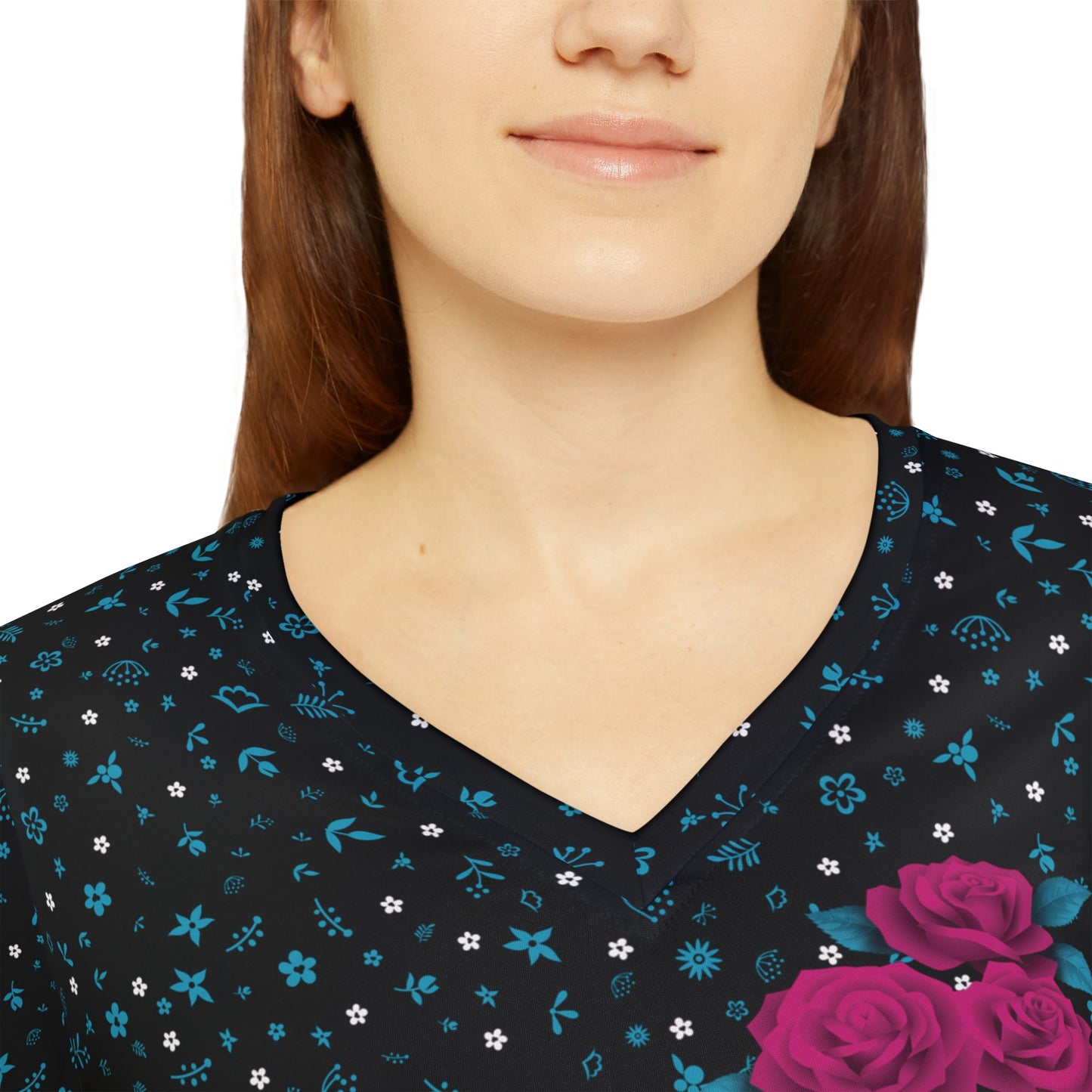 Long Sleeve V-neck Shirt Black with floral pattern and roses