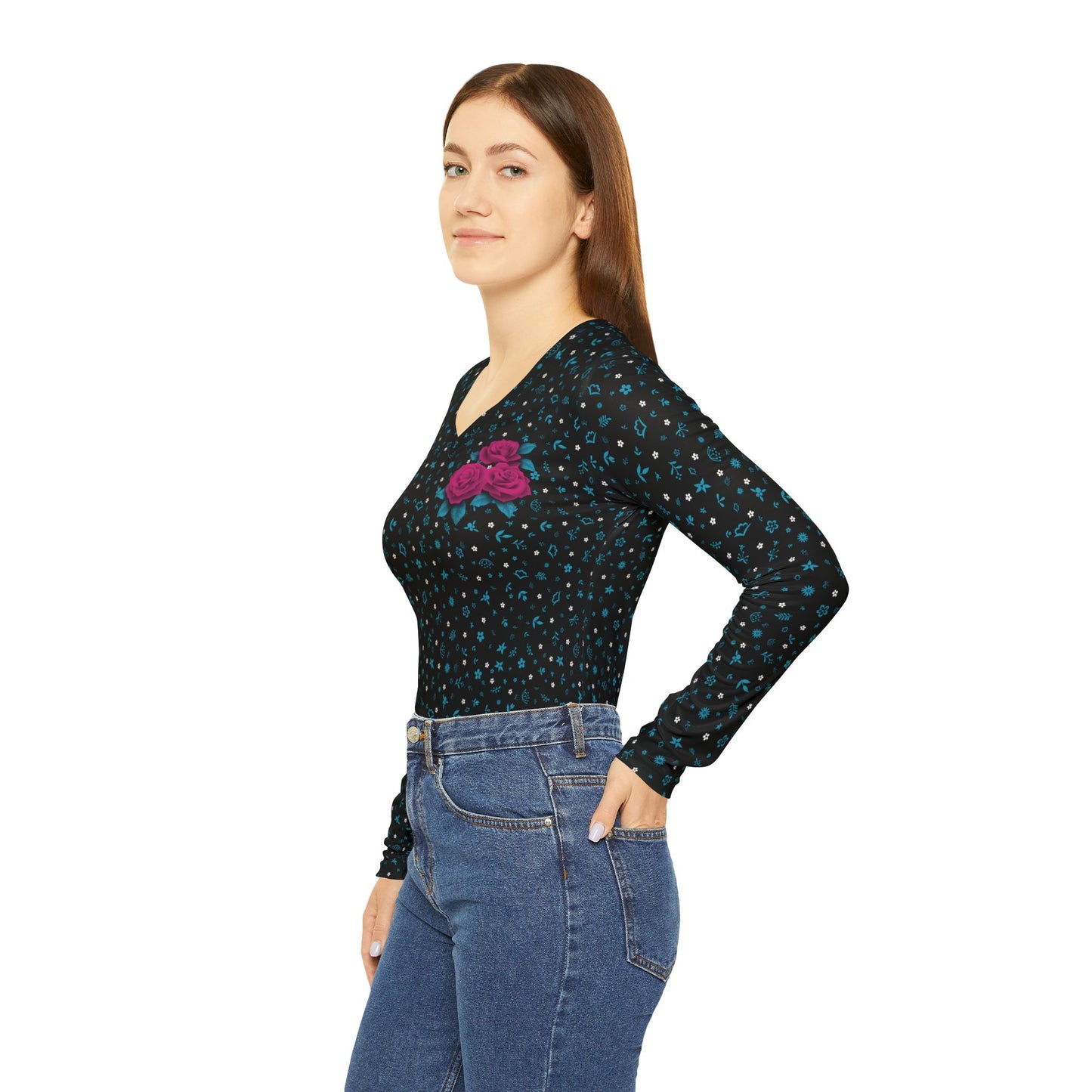 Long Sleeve V-neck Shirt Black with floral pattern and roses